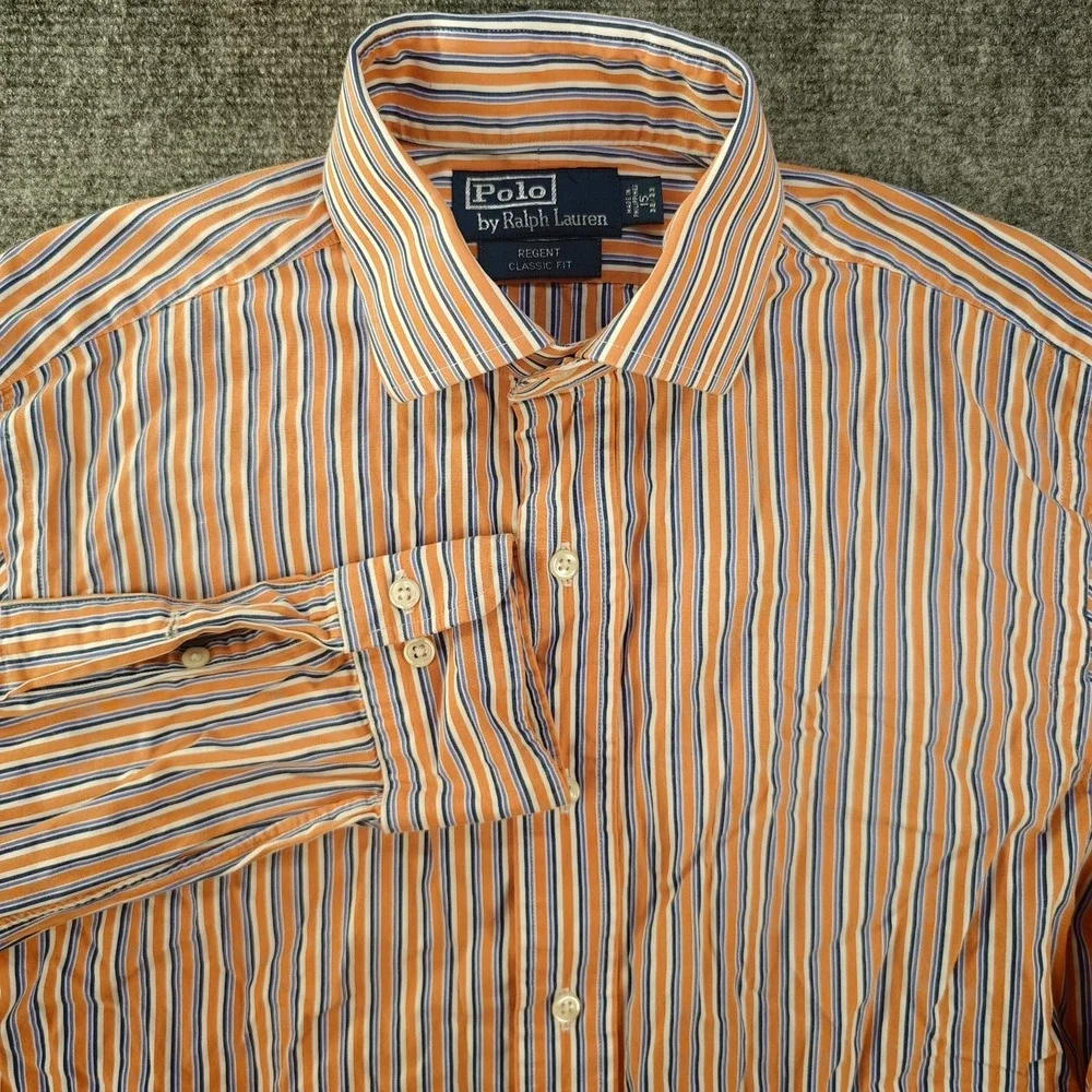 Polo Ralph Lauren Dress Shirt Mens 15 32/33 Regent‎ Orange Blue Striped Spread